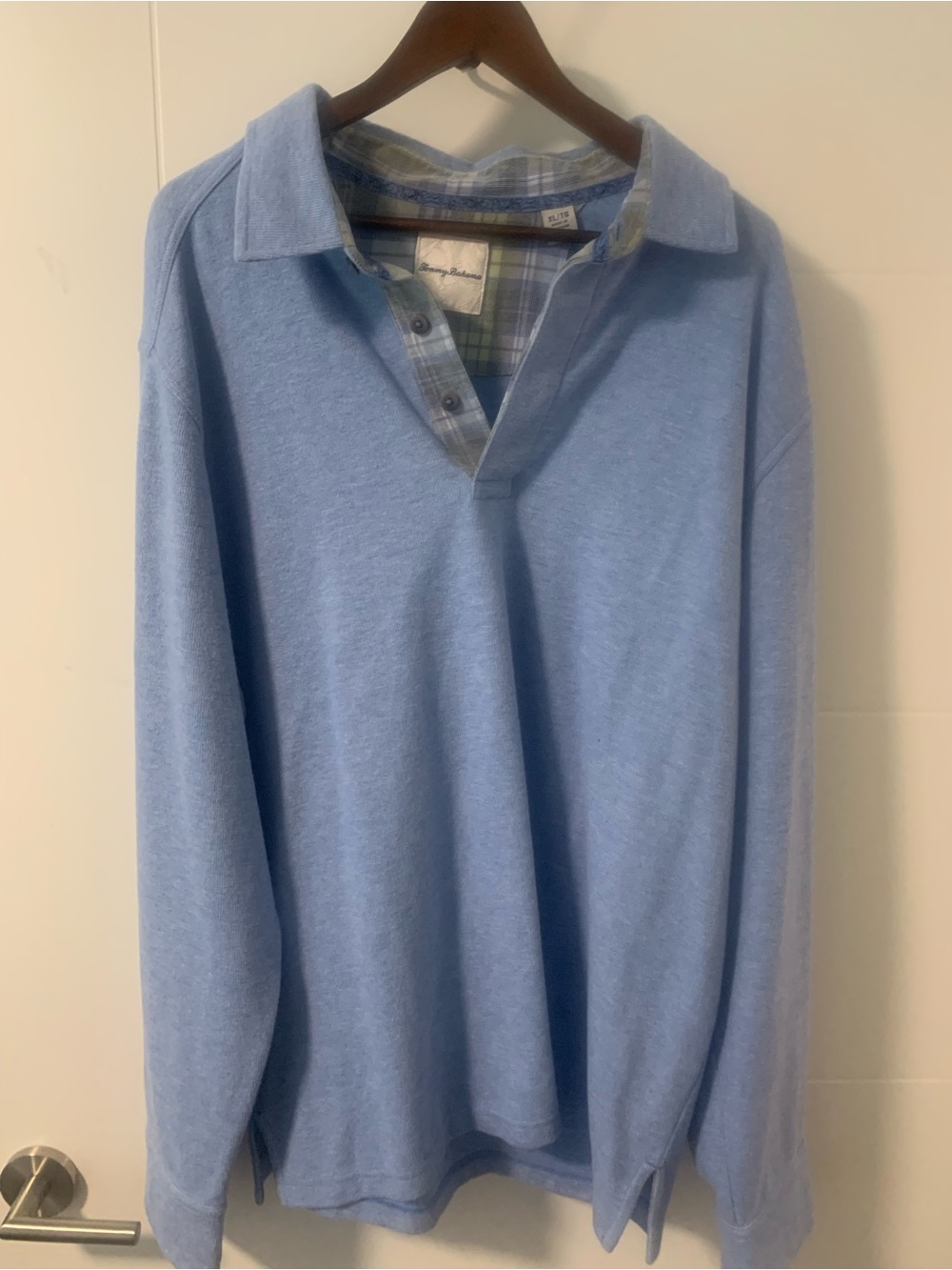 Tommy Bahama Light Blue Long-Sleeve Pol o with Plaid Trim A14